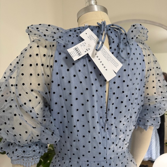 NWOT Topshop Spot Taffeta Occasion Dress - Blue Polka Dot Midi - Size 8 - Picture 5 of 6